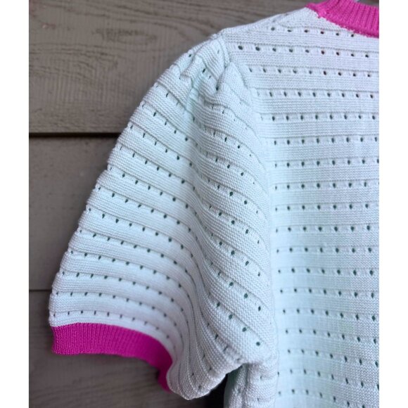 Fate Mint Green Pointelle Knit Short Sleeve Sweater Top with Pink Trim Large - Picture 6 of 10